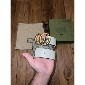 GUCCI GG Belt With Double G Buckle Supreme Canvas & White Leather Size 80•32